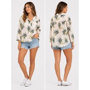 ONLY Button Down Shirt Women XXL Pink Tropical Floral Palm Leaf Summer Blouse